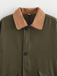 Detailed close-up of olive green canvas jacket with brown corduroy collar and buttons