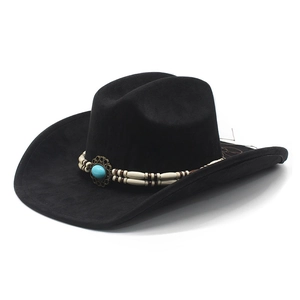 Vintage Western Cowboy Hat Suede Fabric Wide Brim With Ethnic Turquoise Bead Band Bohemian Jazz Fedora For Men Women