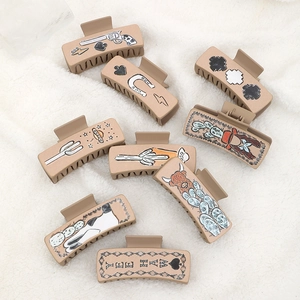Western Cowboy Hair Claw Clip Retro Faux Leather Printed Large Nonslip Rectangular Cactus Bull Head Hairpin For Women