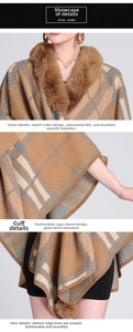 Detail view of brown plaid poncho showing faux fur collar and decorative pompom fringe
