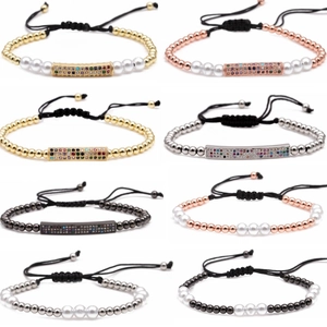 Handmade Braided Beaded Bracelet Copper Beads Micro Set Colorful Zircon Imitation Artificial Pearl Adjustable Unisex Fashion