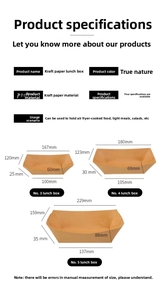 Detailed size specifications and dimensions for kraft paper boat-shaped disposable food trays