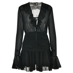 Elegant deep V-neck black chiffon mini dress with long ruffled sleeves and tie-up neckline