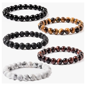 Set of 5 elastic 8mm gemstone bead bracelets featuring tiger eye, lava rock and marble