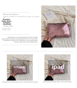 Pink sequin clutch dimensions detail 27x19x1cm shown with size measurements
