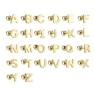 Golden stainless steel initial stud earrings set featuring 26 alphabet letters A-Z