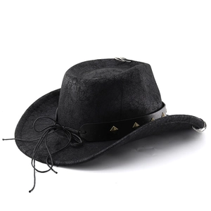 Detail of black PU leather cowboy hat featuring metallic square studs and punk metal rings
