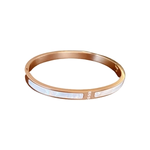 Rose gold titanium steel bangle featuring white shell inlay and sparkling zircon accents