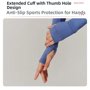 Close-up of extended cuffs with thumbhole design on a blue athletic zip-up jacket