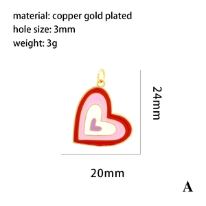 Detail view of colorful enamel heart pendants with 18K gold plating and measurements