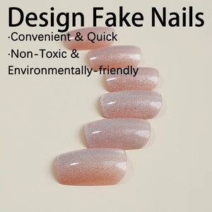 Pink cat eye press-on nails with silver glitter in short square oval shape