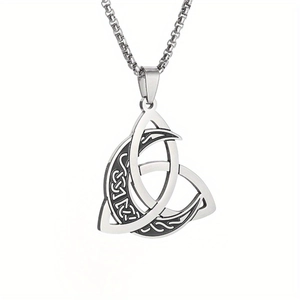 Silver stainless steel necklace featuring a Viking Celtic knot and crescent moon pendant