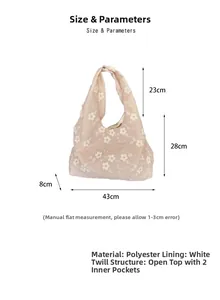 Detailed size chart of pink floral embroidered tote bag with 43x28x8cm dimensions