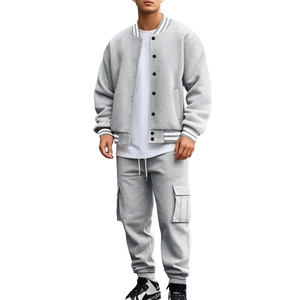 Detail view of American style fleece baseball jacket and relaxed cargo pants set