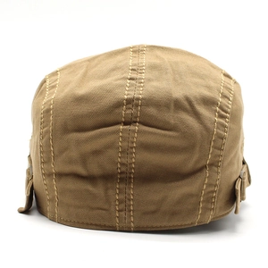 Men's khaki cotton flat cap with letter embroidery and adjustable side metal buckles