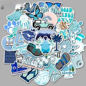 Blue theme waterproof PVC stickers featuring butterfly and penguin designs for laptops