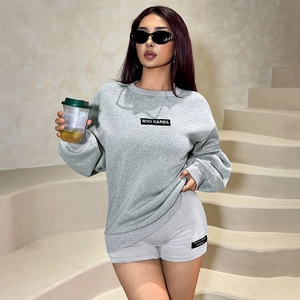 Tenues Pour Femmes Sweat Et Short Imprimé Lettres Who Cares Manches Longues Taille Haute Short Cycliste Décontracté Streetwear
