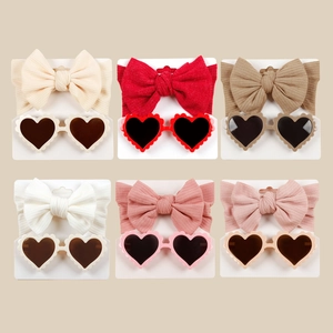 Baby Girls Ribbed Knit Big Bow Headband And Heart Shaped Sunglasses Toddler Infant Accessories Photography Props Solid Color