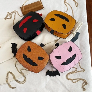Pumpkin Crossbody Bag PU Leather Sequin Halloween Jack-O-Lantern Novelty Shoulder Purse With Bat Wing Charm For Women
