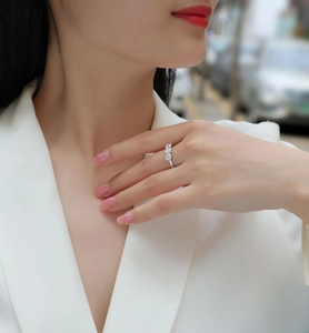 Close-up of a three-stone S925 silver ring on a model's hand with urban background