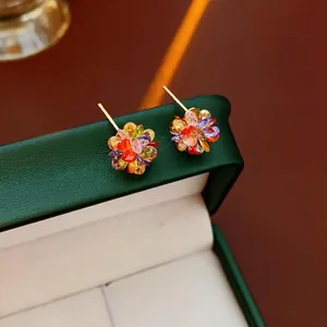 Colorful Glass Flower Cluster Stud Earrings With Silver Earring Post Elegant Sweet Fashion Jewelry For Women