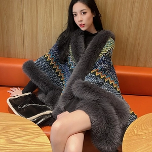Women's multi-color knit fox fur collar poncho with ethnic pattern and fringed edges
