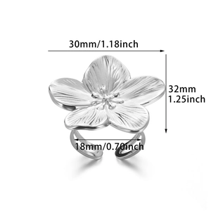 Detailed size specifications for silver sunflower open ring with dimension markings