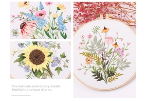 Detail of floral embroidery kit showing fine stitches and a wooden hoop for DIY crafts