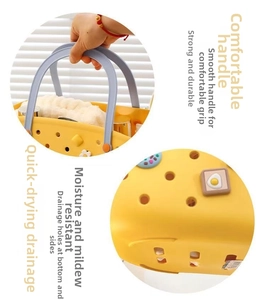 Detail of yellow shower caddy showing flexible grey handle and drainage holes