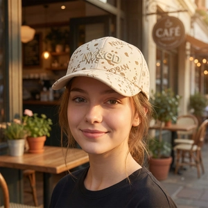 Fashionable beige baseball cap with NY&GD embroidery and spotted pattern for outdoor sun protection