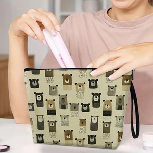 Cartoon Bear Print Makeup Bag Imitation Linen Portable Cosmetic Pouch With Zipper And Wristlet Large Capacity Travel Organizer