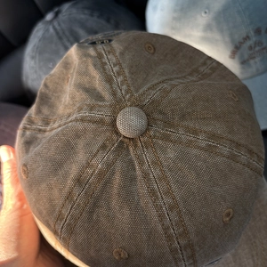 Top view detail of retro brown canvas baseball cap with six-panel design and ventilation holes