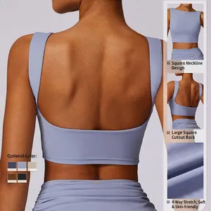 High-impact shockproof yoga sports bra with square back cutout and 4-way stretch fabric