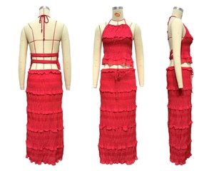Three-view layout of red halter neck crinkle top and tiered maxi skirt two-piece set