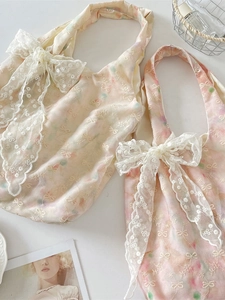 Women Sweet Floral Tote Bag Large Lace Bow Knot Embroidery Polyester Aesthetic Underarm Handbag Gentle Shoulder Bag