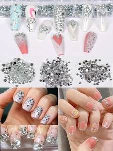 Detailed view of silver flatback acrylic rhinestones and various nail art design examples