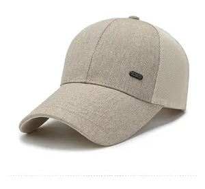 Detail view of khaki baseball cap featuring breathable mesh and linen panel textures