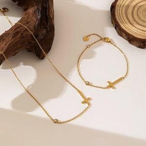 Minimalist Stainless Steel Cross Pendant Necklace Bracelet Anklet Set For Women Gold Silver Rhinestone Inlaid Religious Jewelry