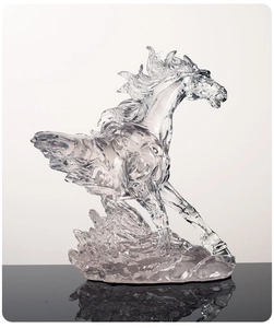 Detail of transparent resin horse sculpture showing dynamic movement and light refraction