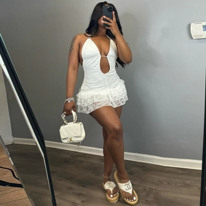 Women Sexy Lace Halter Mini Dress Backless V-Neck Layered Ruffle Hollow Out Sleeveless Cake Skirt