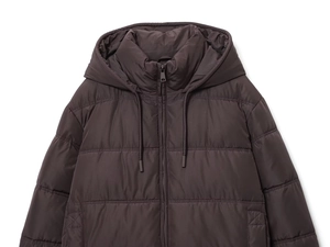 Detailed view of dark brown hooded puffer jacket with horizontal quilting and zipper