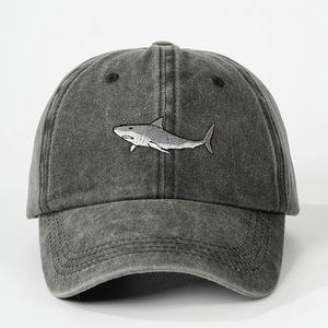 Washed dark grey denim baseball cap with shark embroidery and adjustable strap
