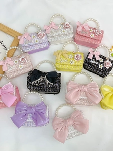 Kids quilted mini purse with pearl handle and bow decoration in various colors