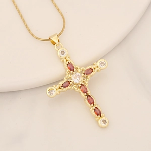 18K gold plated cross necklace featuring vibrant red zircon and sparkling white crystals
