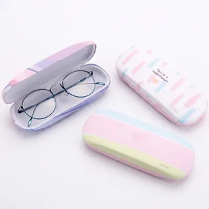 Portable macaron-colored striped leather eyewear cases with round glasses and cleaning kit