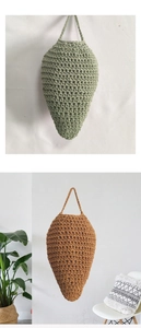 Detail of hand-woven cotton wall hanging baskets in sage green and caramel colors