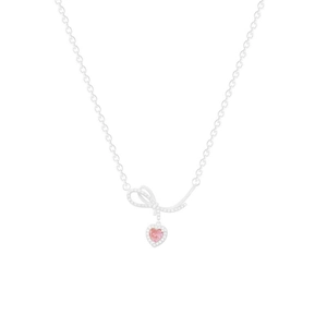 Silver bow necklace with pink heart pendant and pavé crystals on white background