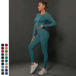 Women Seamless Yoga Workout Outfits High Waist Leggings Long Sleeve Crop Top Thumbholes Breathable Slim Sportswear