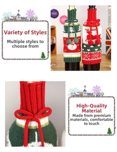 Detail of Christmas knitted wine bottle covers with snowman and reindeer patterns