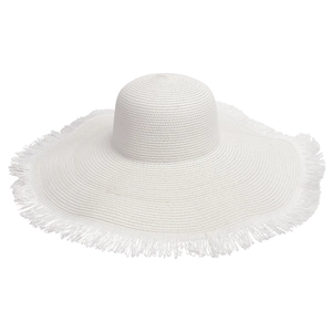 Macro shot of wide brim white straw sun hat featuring detailed fringe edge and woven texture